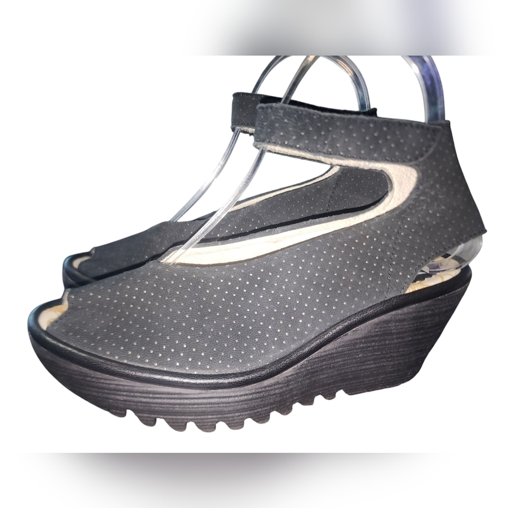 Fly London Black Wedge Sandals
